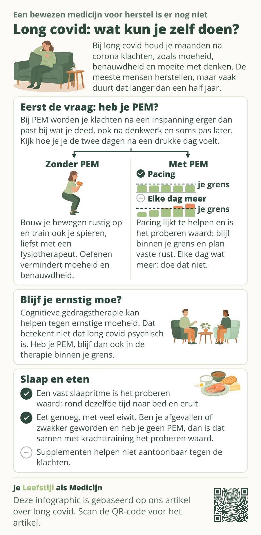 Long covid: wat kun je zelf doen? Hieronder zie je welk beweegadvies past als je wel of geen PEM hebt, wat kan helpen als je ernstig moe blijft en wat je doet met slaap en eten.