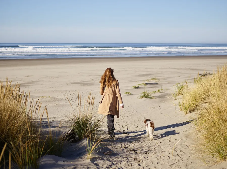 Vrouw loopt met een hond over een duinpad naar het strand