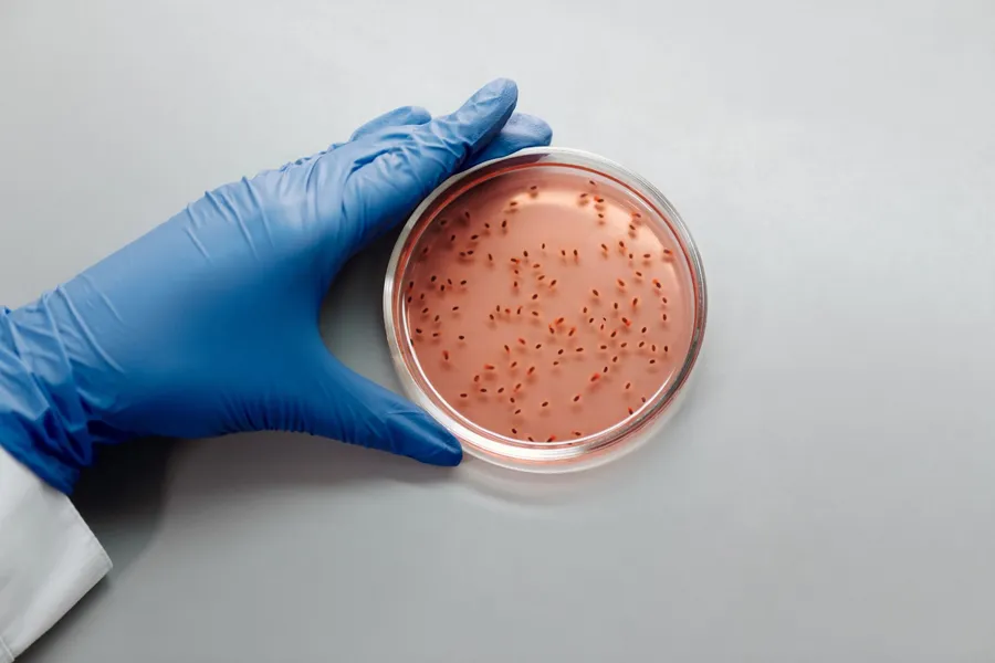 Wetenschapper met blauwe handschoenen bekijkt een bacteriekweek in een petrischaal.
