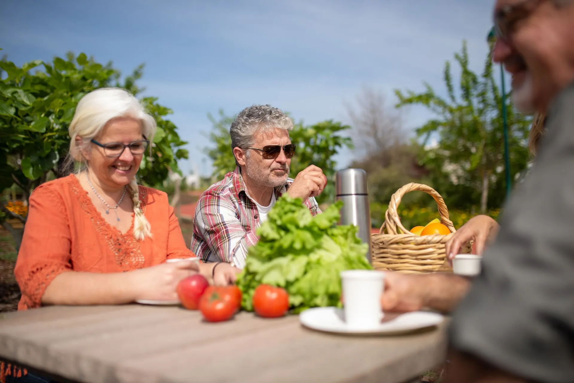 Groep oudere vrienden luncht gezellig samen buiten.