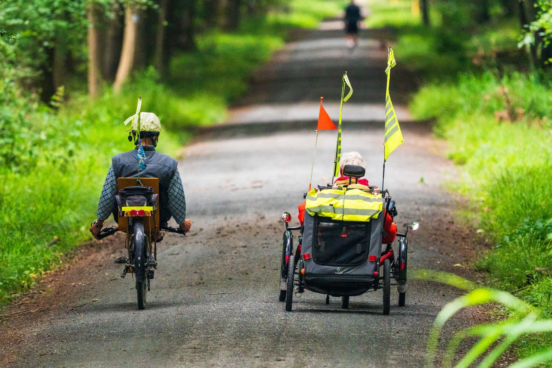 Twee senioren fietsen op een bospad op een zomerse dag.