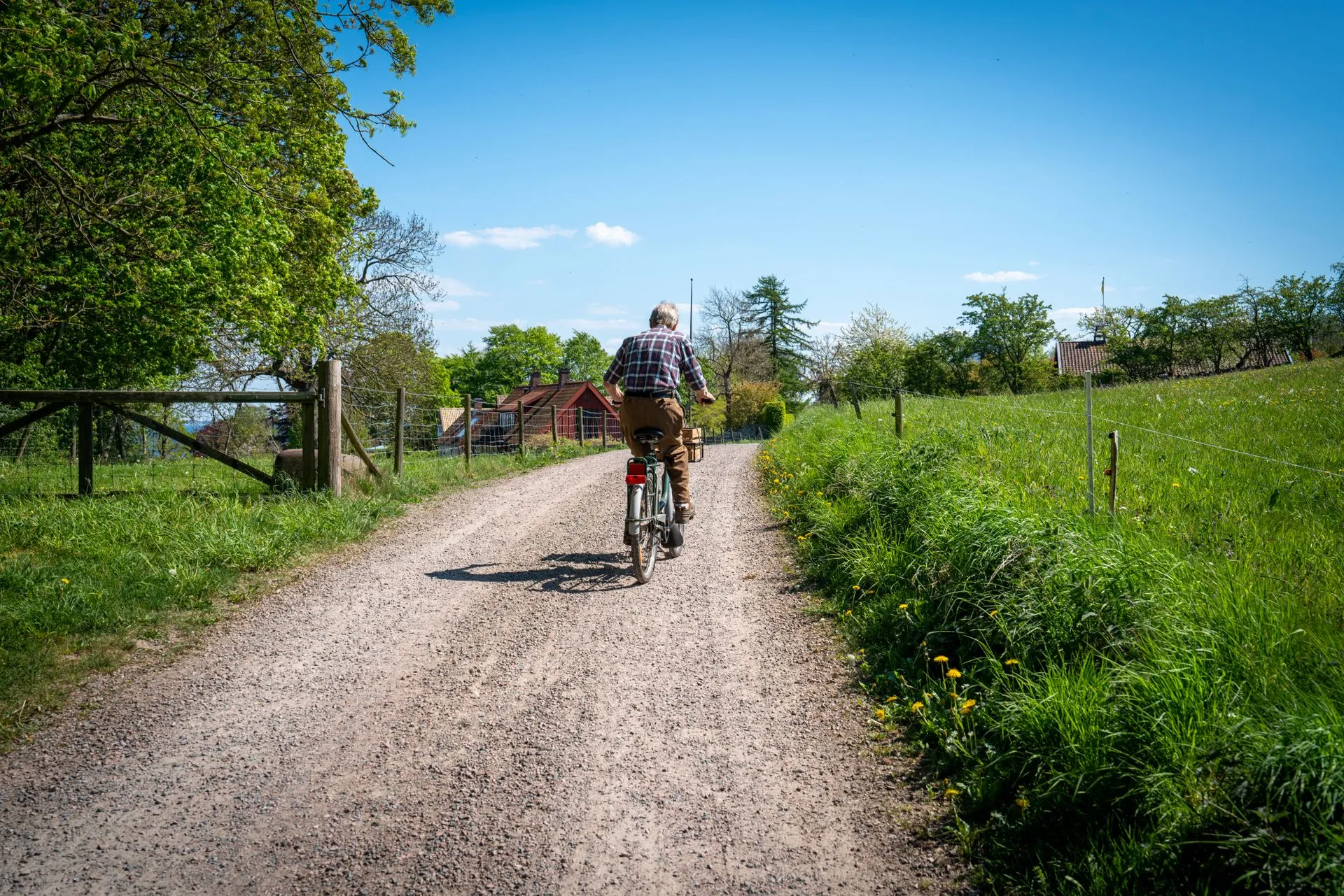 Oudere volwassene fietst op een grindpad door het groene platteland.