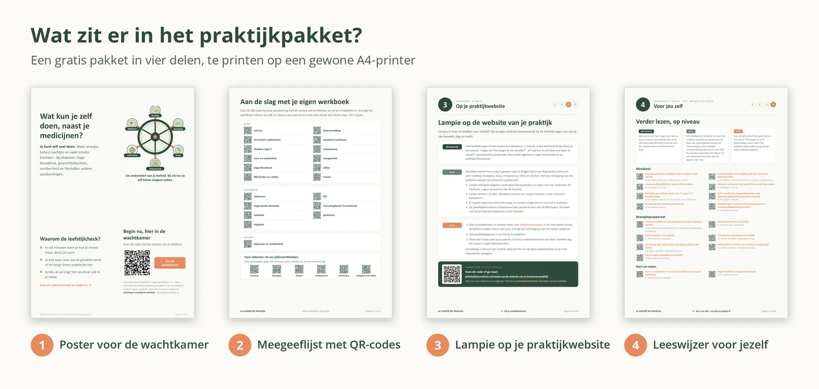 De vier onderdelen van het praktijkpakket: poster voor de wachtkamer, meegeeflijst met QR-codes, Lampie op je praktijkwebsite en leeswijzer voor jezelf