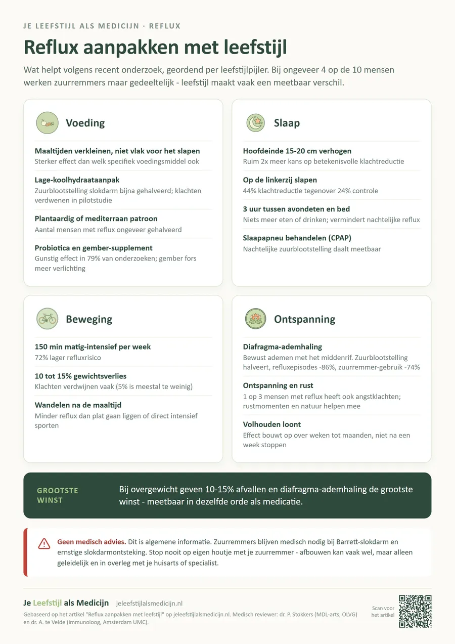 Reflux aanpakken met leefstijl. Wat helpt volgens recent onderzoek, geordend per leefstijlpijler. Bij ongeveer 4 op de 10 mensen werken zuurremmers maar gedeeltelijk - leefstijl maakt vaak een meetbaar verschil.