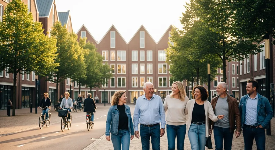Diverse groep blije mensen wandelt samen door een Helmondse straat, symbool voor een stad die gezondheid in de wijk organiseert.