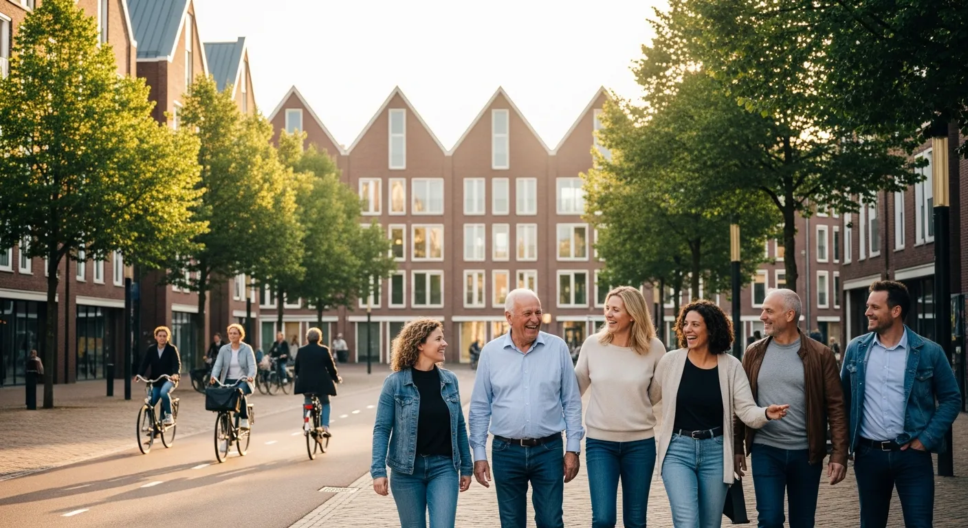 Diverse groep blije mensen wandelt samen door een Helmondse straat, symbool voor een stad die gezondheid in de wijk organiseert.