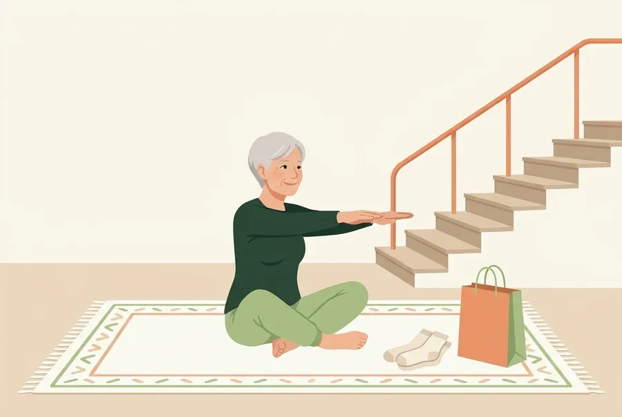 Vrouw van rond de 60 komt vanuit kleermakerszit op een kleed overeind, met een trap, sokken en een boodschappentas in de kamer