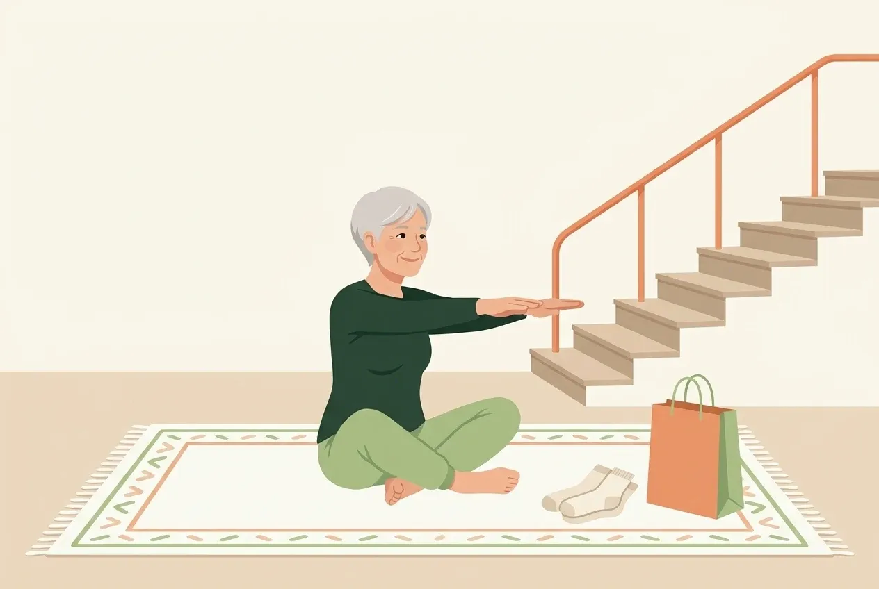 Vrouw van rond de 60 komt vanuit kleermakerszit op een kleed overeind, met een trap, sokken en een boodschappentas in de kamer